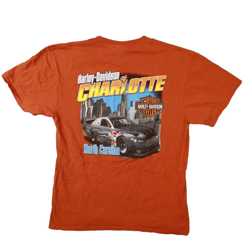 Harley Davidson Charlotte Orange Graphic T‎ Shirt Double Sided size Large